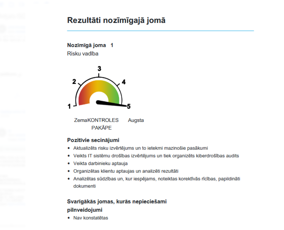 Riska vadības jomas novērtējuma pārskats ar augstu kontroles pakāpi